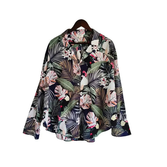 Umgee Tropical Tucan Leaf Forest Print Long Sleeve Shirt Button Up Size M - Picture 1 of 9